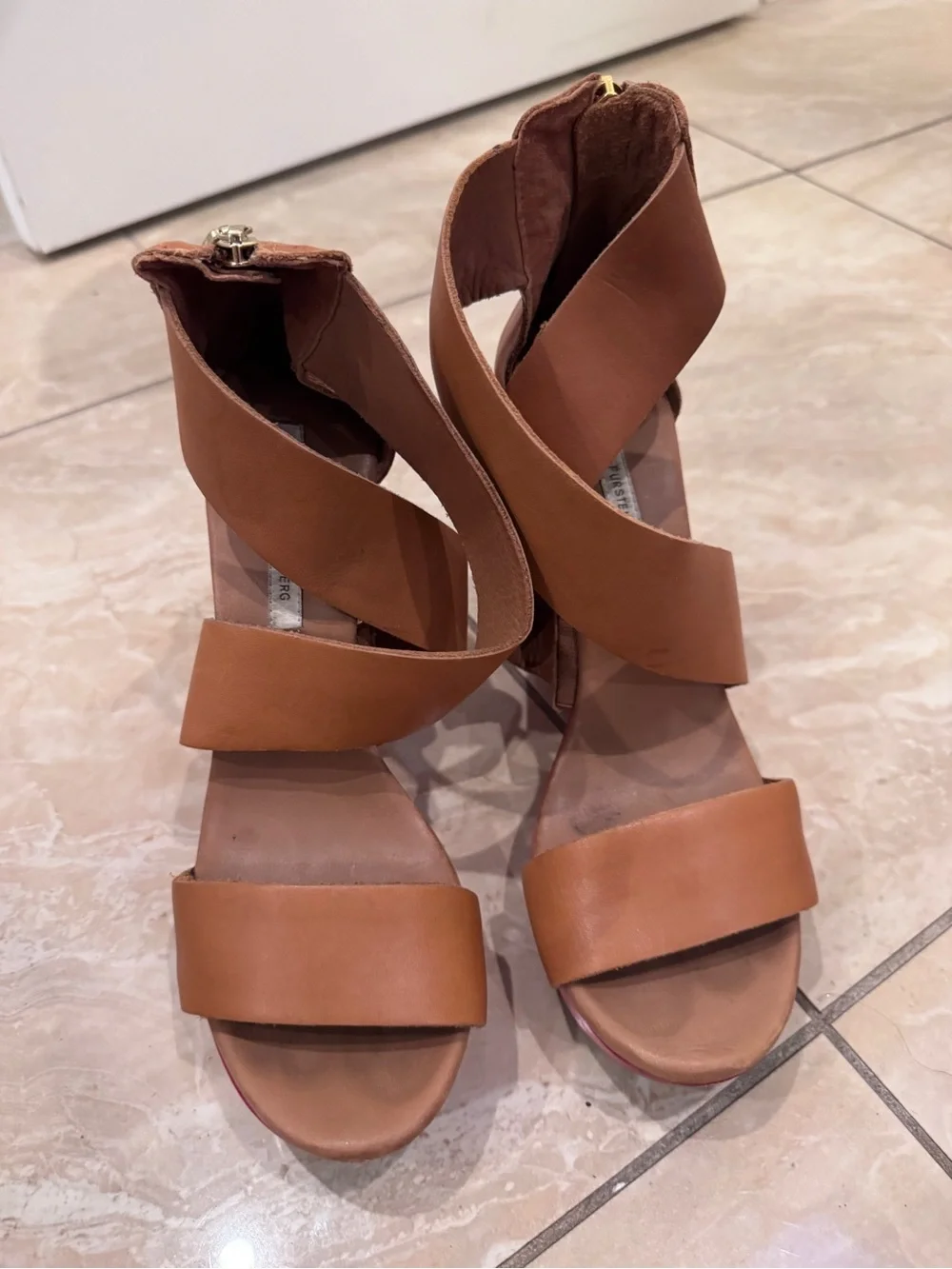 Diane Von Furstenberg Tan Leather Crisscross Wedge Sandals with Pink Sole
